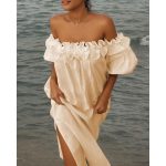 Off-Shoulder Ruffle Puff Sleeve Pocketed Midi Dress - White