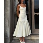 Graceful Square Neck Wide Strap Drop Waist Midi Dress - White