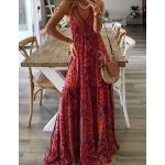 High Waist V-Neck Floral Suspender Maxi dress - Red