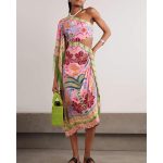 Fine Satin Art Palm Tree Floral Print Fringed Midi Dress - Multi-Color