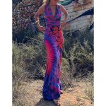 Purple-Printed Sleeveless V-neck Maxi Dress