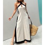 Color Block Halter Neck Slit Maxi Dress - Beige