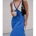 Splicing Chic V-neck Contrasting Color Dress- Blue