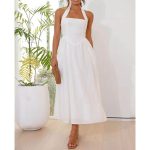 Halter Neck Waist Little Black Dress Mid-Length Dress - White