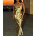 Elegant Satin Backless Spaghetti Strap Maxi Dress - Gold