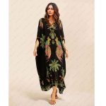 Unique Drop Shoulder Sleeve Coconut Tree Printed Dress- Black