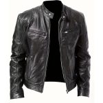 New Zip-up Cardigan Pocket PU Faux-leather Stand Collar Motorcycle Jacket Coat Men's Coat, Suitable for Autumn And Winter